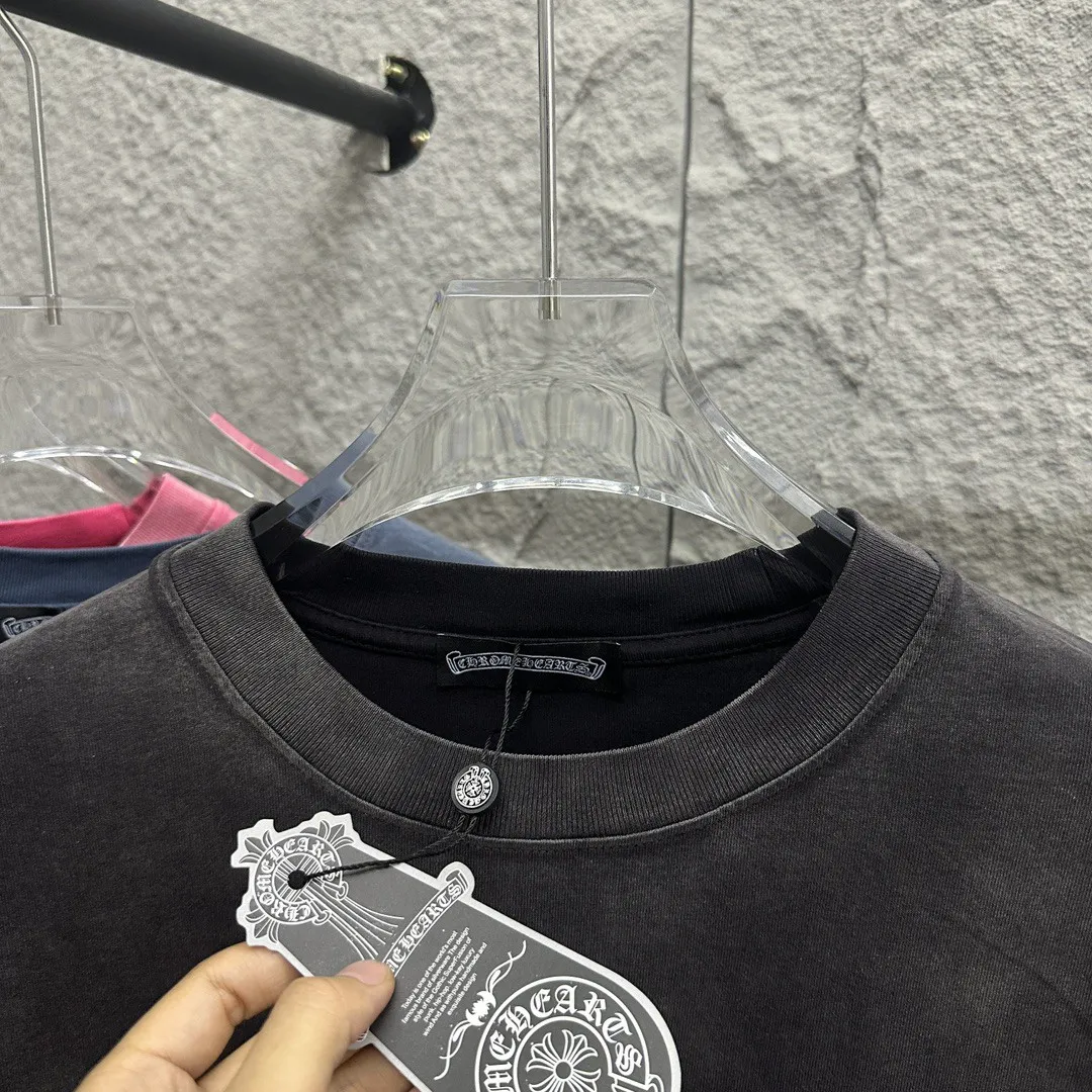 🅿️200 CH Croix Heart 2025 Summer New Style Heavy Acid Washing Gradient Distressing Chest Logo Classic Embroidery Customized Fabric Short Sleeve T-shirt Unisex Size: S M L XL XXL Five Codes (European Code) Color: Gradient Black Gradient Pink Gradient Blue